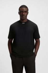 T-shirt relaxed fit in cotone elasticizzato con colletto con logo, Nero