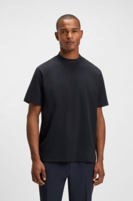 Relaxed-fit T-shirt in stretch cotton with logo collar, Dark Blue