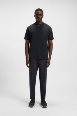 T-shirt Relaxed en coton stretch avec col logot&eacute;, Bleu fonc&eacute;