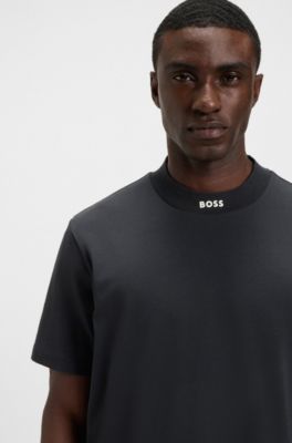 T-shirt Relaxed en coton stretch avec col logot&eacute;, Bleu fonc&eacute;