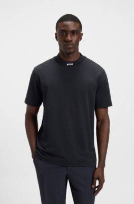 T-shirt Relaxed en coton stretch avec col logot&eacute;, Bleu fonc&eacute;