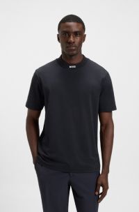 Relaxed-fit T-shirt in stretch cotton with logo collar, Dark Blue