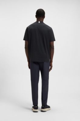 T-shirt Relaxed en coton stretch avec col logot&eacute;, Bleu fonc&eacute;