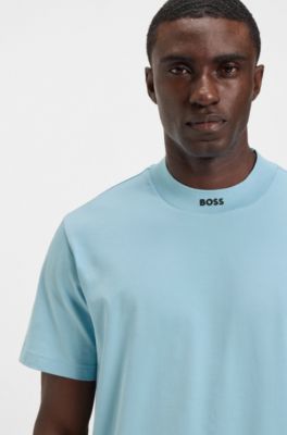 Relaxed-fit T-shirt in stretch cotton with logo collar, Light Blue