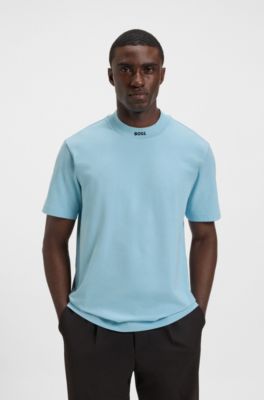 Relaxed-fit T-shirt in stretch cotton with logo collar, Light Blue