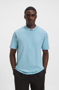 Camiseta relaxed fit de algodón elástico con logo en el cuello, Celeste