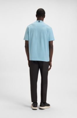 Relaxed-fit T-shirt in stretch cotton with logo collar, Light Blue