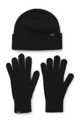 Knitted beanie hat and gloves gift set, Black