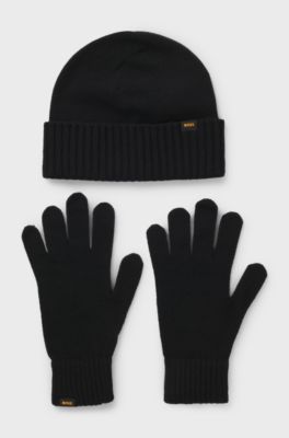 Knitted beanie hat and gloves gift set, Black