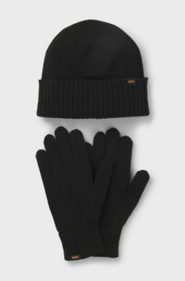 Knitted beanie hat and gloves gift set, Black