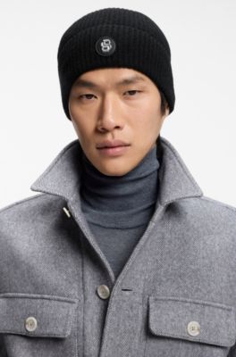 Wool-cashmere beanie hat with Double B monogram, Black