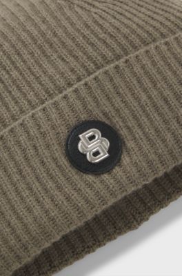 Wool-cashmere beanie hat with Double B monogram, Light Brown