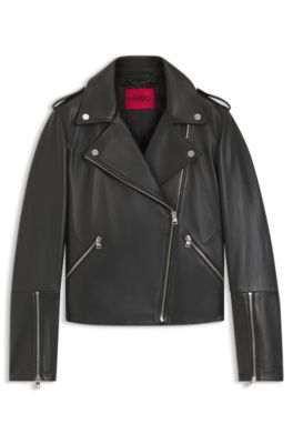 Straight-fit biker jacket in leather with zipped details, Black