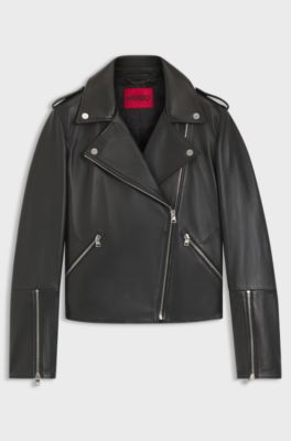 Straight-fit biker jacket in leather with zipped details, Black