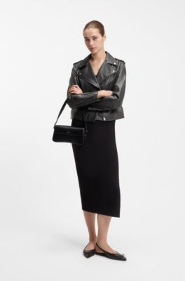 Straight-fit biker jacket in leather with zipped details, Black