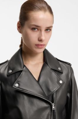 Straight-fit biker jacket in leather with zipped details, Black
