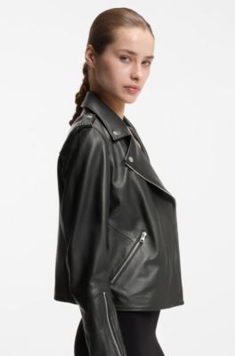 Straight-fit biker jacket in leather with zipped details, Black