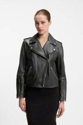 Straight-fit biker jacket in leather with zipped details, Black