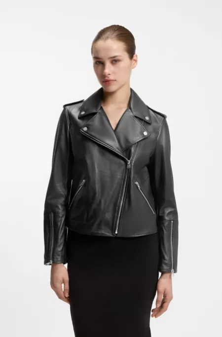 Straight-fit biker jacket in leather with zipped details