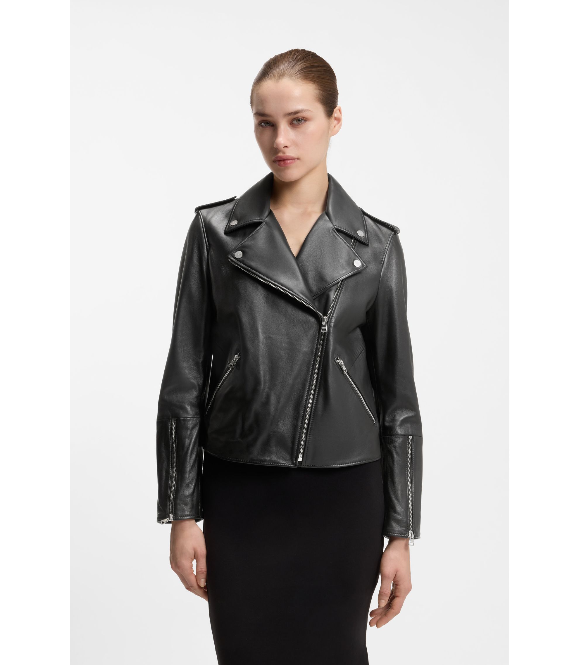 Straight-Fit Bikerjacke aus Leder mit Reißverschluss-Details