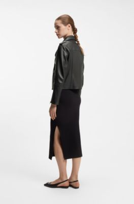 Straight-fit biker jacket in leather with zipped details, Black