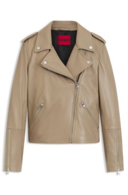 Straight-fit biker jacket in leather with zipped details, Light Brown