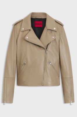 Straight-fit biker jacket in leather with zipped details, Light Brown