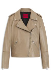 Straight-fit biker jacket in leather with zipped details, Light Brown