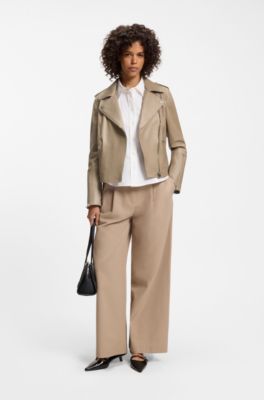 Straight-fit biker jacket in leather with zipped details, Light Brown