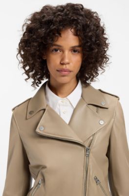 Straight-fit biker jacket in leather with zipped details, Light Brown