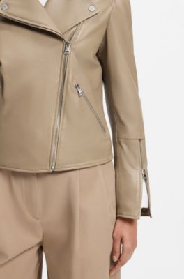 Straight-fit biker jacket in leather with zipped details, Light Brown