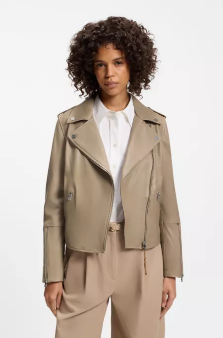Straight-fit biker jacket in leather with zipped details