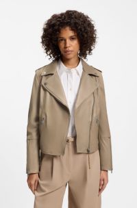 Straight-fit biker jacket in leather with zipped details, Light Brown