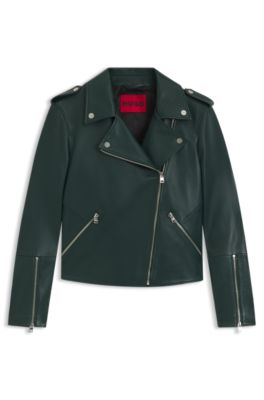 Straight-fit biker jacket in leather with zipped details, Dark Green