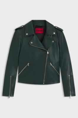 Straight-Fit Bikerjacke aus Leder mit Rei&szlig;verschluss-Details, Dunkelgr&uuml;n