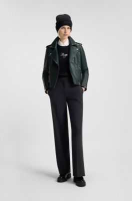 Straight-Fit Bikerjacke aus Leder mit Rei&szlig;verschluss-Details, Dunkelgr&uuml;n