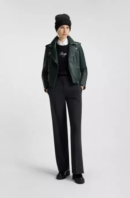 Straight-fit biker jacket in leather with zipped details