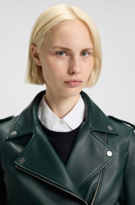 Straight-Fit Bikerjacke aus Leder mit Rei&szlig;verschluss-Details, Dunkelgr&uuml;n