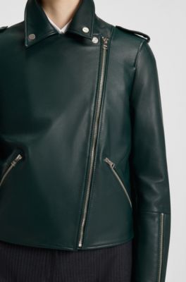 Straight-Fit Bikerjacke aus Leder mit Rei&szlig;verschluss-Details, Dunkelgr&uuml;n