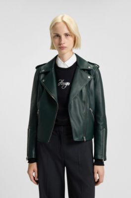 Straight-Fit Bikerjacke aus Leder mit Rei&szlig;verschluss-Details, Dunkelgr&uuml;n