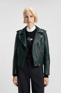 Straight-fit biker jacket in leather with zipped details, Dark Green