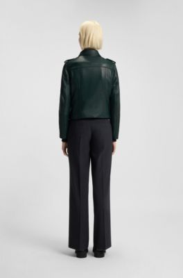 Straight-Fit Bikerjacke aus Leder mit Rei&szlig;verschluss-Details, Dunkelgr&uuml;n