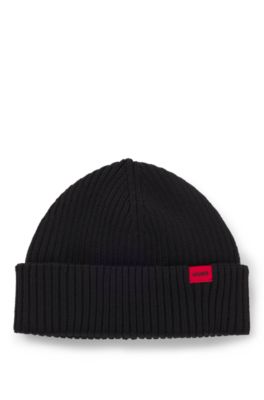 Ribbed wool-blend beanie hat with red logo label, Black