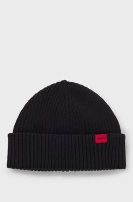 Ribbed wool-blend beanie hat with red logo label, Black