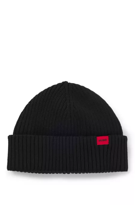 Ribbed wool-blend beanie hat with red logo label