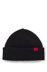 Ribbed wool-blend beanie hat with red logo label, Black