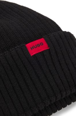 Ribbed wool-blend beanie hat with red logo label, Black