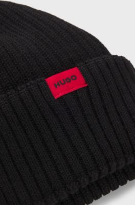 Ribbed wool-blend beanie hat with red logo label, Black