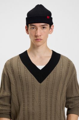 Ribbed wool-blend beanie hat with red logo label, Black