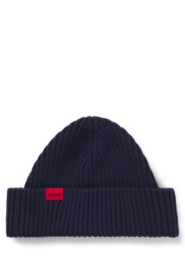 Berretto in misto lana a coste con etichetta con logo rossa, Blu scuro
